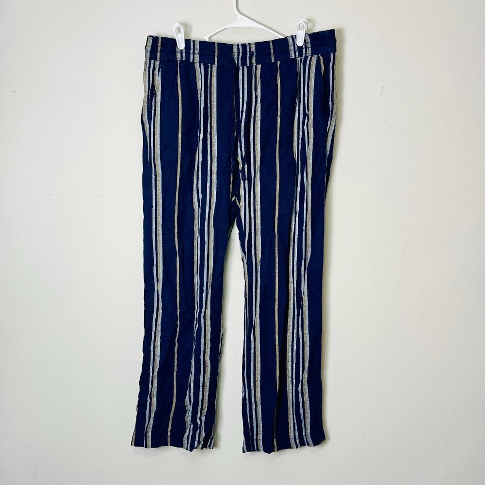 Ann Taylor Factory Linen Blend Pants Women's Large Blue Striped Lounge Comfy